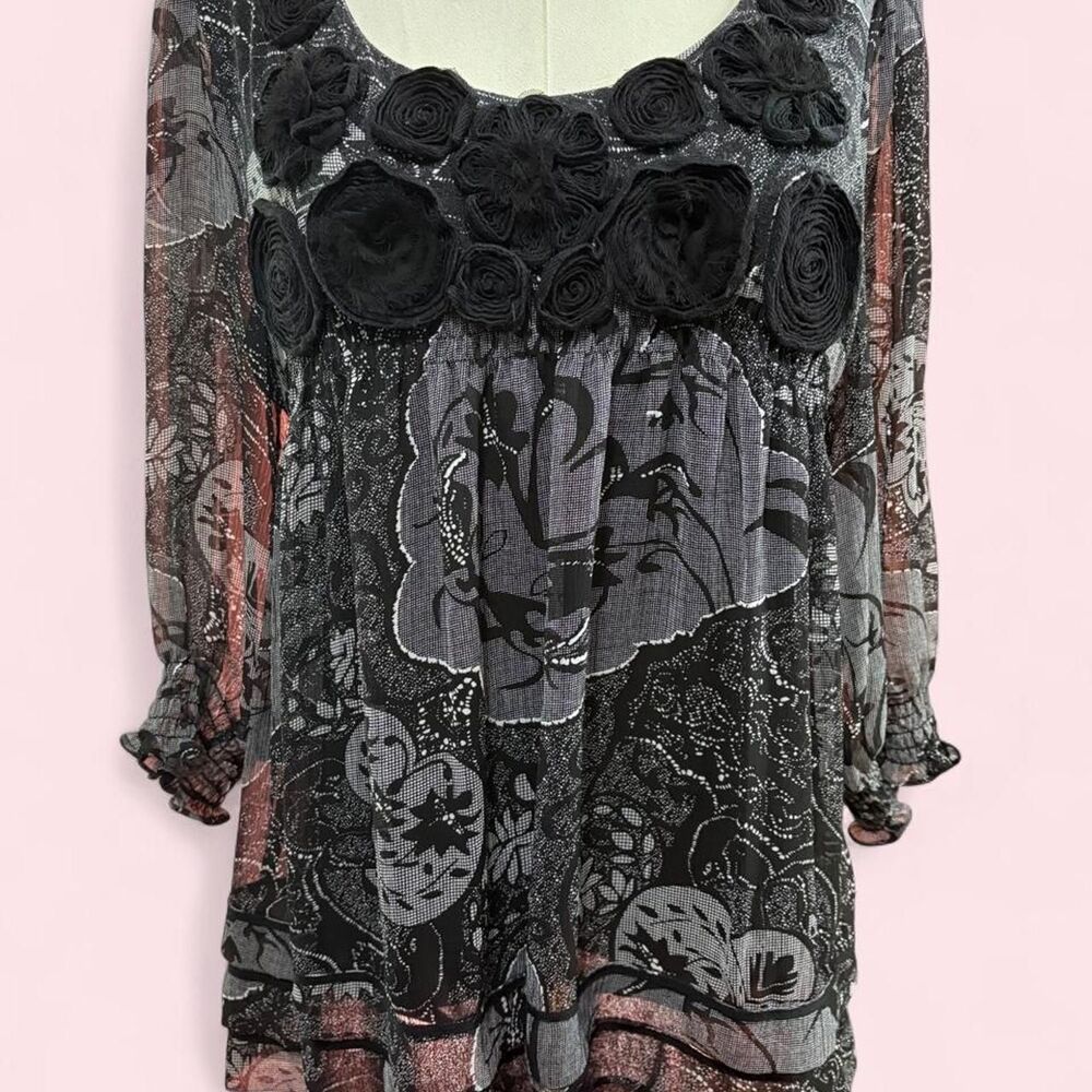 Vintage ice Black Floral Rosette Sheer Babydoll Dress L Y2K